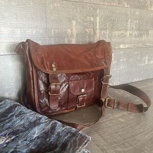Carpe Diem Brown Distressed Leather Satchel Crossbody Rustic Boho Bag